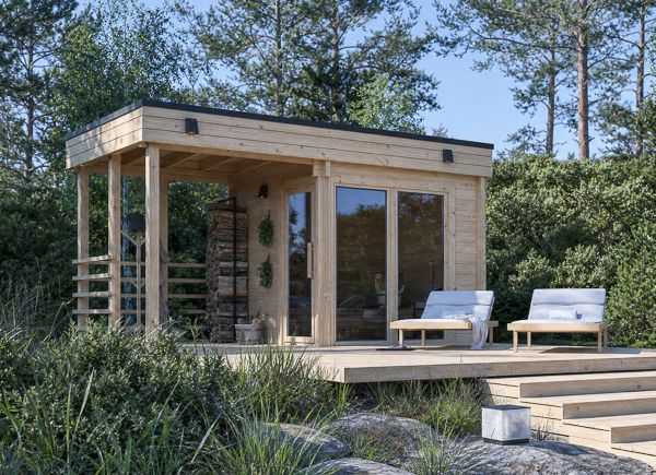 Wooden Sauna FREJA with Covered Terrace (Solid Log) – 4.5×2.5 m (15'×8'), 9.15 m² thumbnail 1