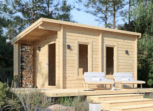 Wooden Sauna VIGOR 3 with Changing Room & Porch (Solid Log) – 5.3×2.5 m (17'×8'), 10.95 m² thumbnail 1