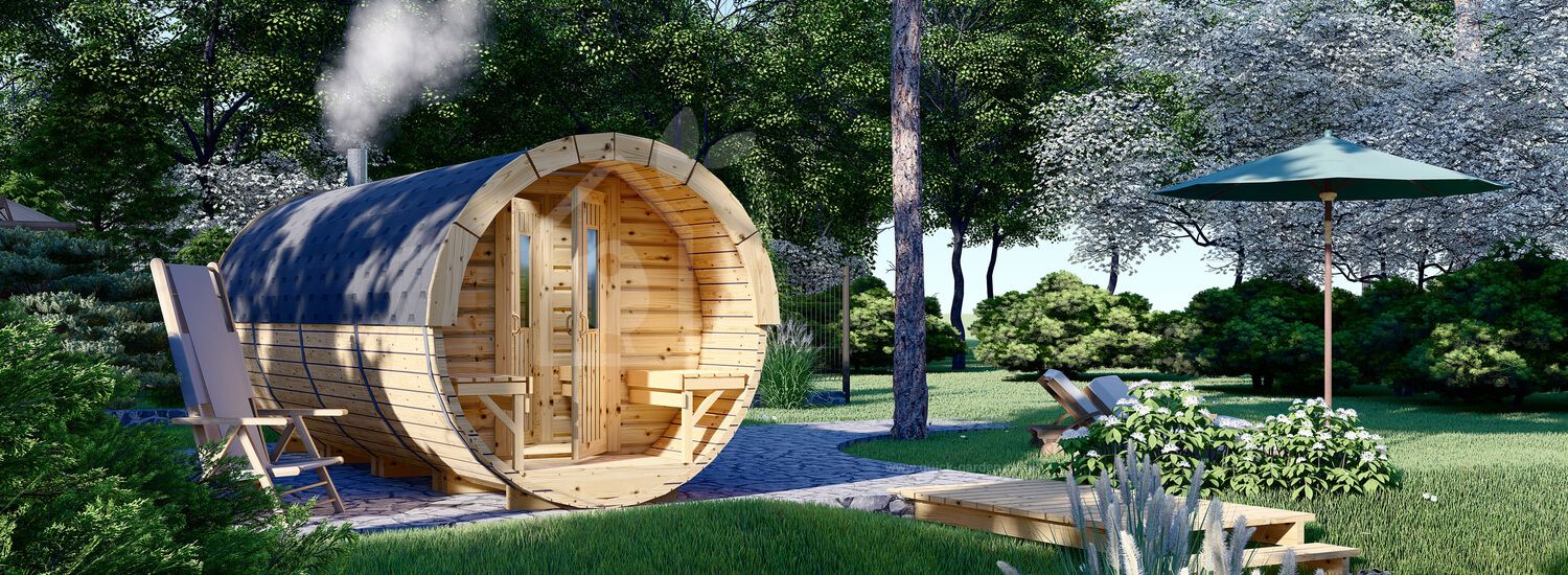 Outdoor Barrel Sauna With Changing Room HELGA 59 (46 mm), 5.9 m, ⌀ 1.97 m visualization 1