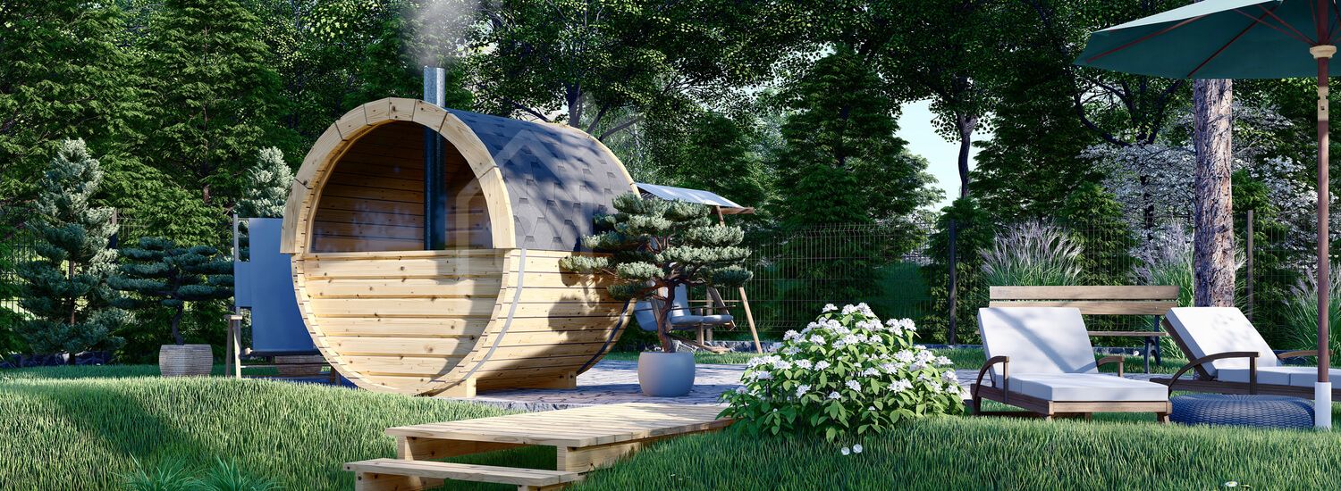 Outdoor Barrel Sauna HELGA 17 (46 mm), 1.7 m, ⌀ 1.97 m With Panoramic Window (Half-Height) visualization 1