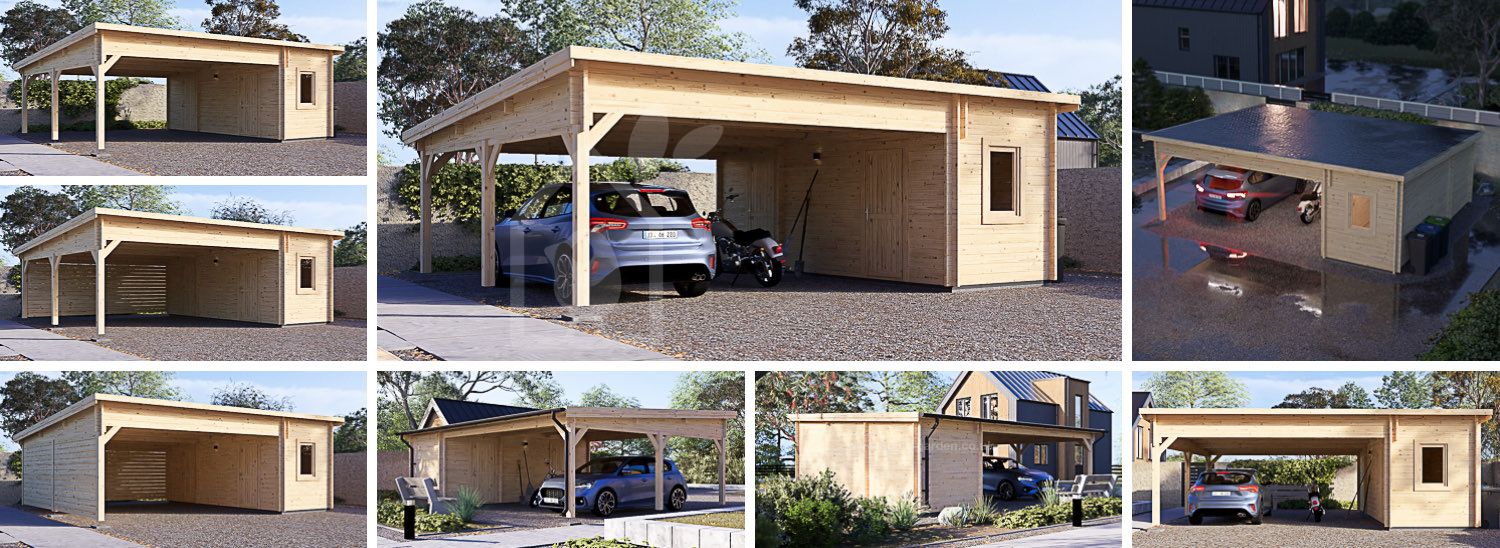 Double Wooden Carport MODERN DUO With A Shed 5.95x7.5 m (20’x25’) visualization 1