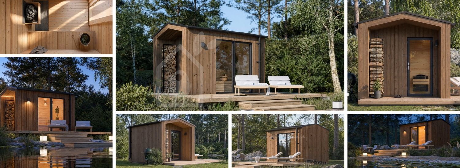 Wooden Sauna SERENE 1 with Porch (Thermowood) – 3.3×2.5 m (11'×8'), 6.25 m² visualization 1