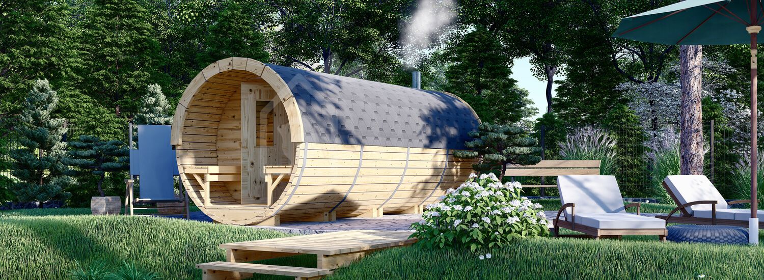 Outdoor Barrel Sauna With Changing Room HELGA 48 (46 mm), 4.8 m, ⌀ 1.97 m visualization 1