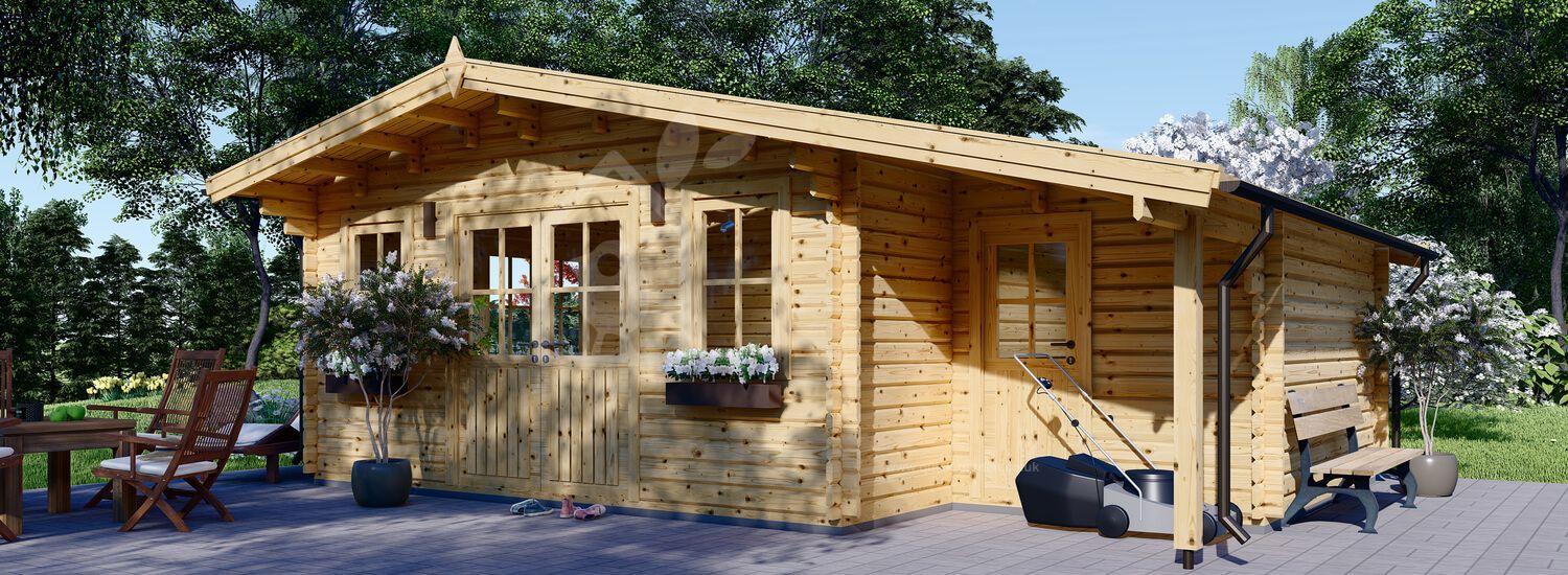 Log Cabin CLARA With Shed Attached (44 mm), 7x4 m (23'x13'), 28 m² visualization 1