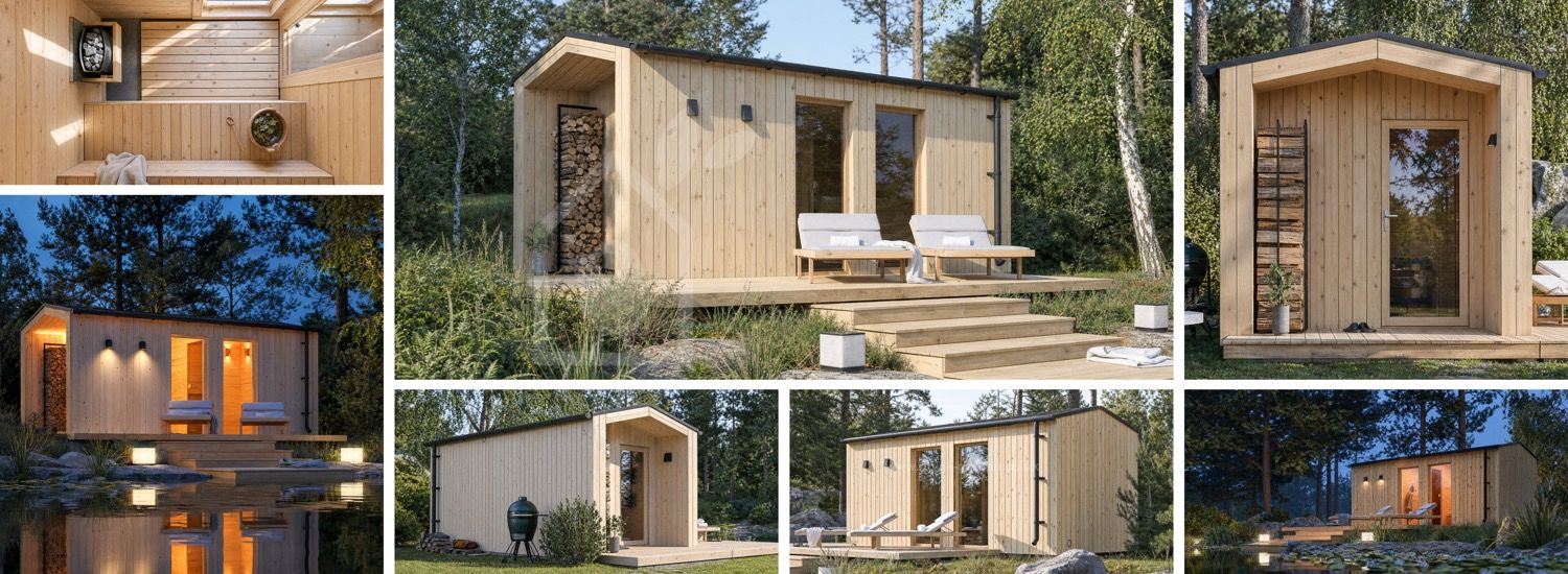 Wooden Sauna SERENE 3 with Changing Room & Porch (Natural Pine) – 5.3×2.5 m (17'×8'), 10.65 m² visualization 1