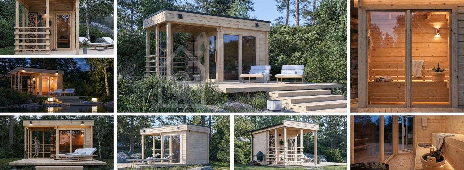 Wooden Sauna FREJA with Covered Terrace (Solid Log) – 4.5×2.5 m (15'×8'), 9.15 m² visualization 1