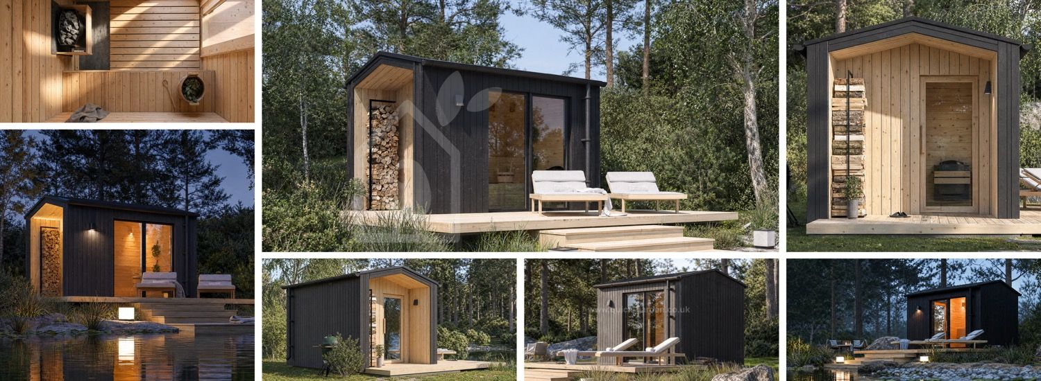 Wooden Sauna SERENE 1 with Porch (Charred Burnt Wood + Natural Pine) – 3.3×2.5 m (11'×8'), 6.25 m² visualization 1