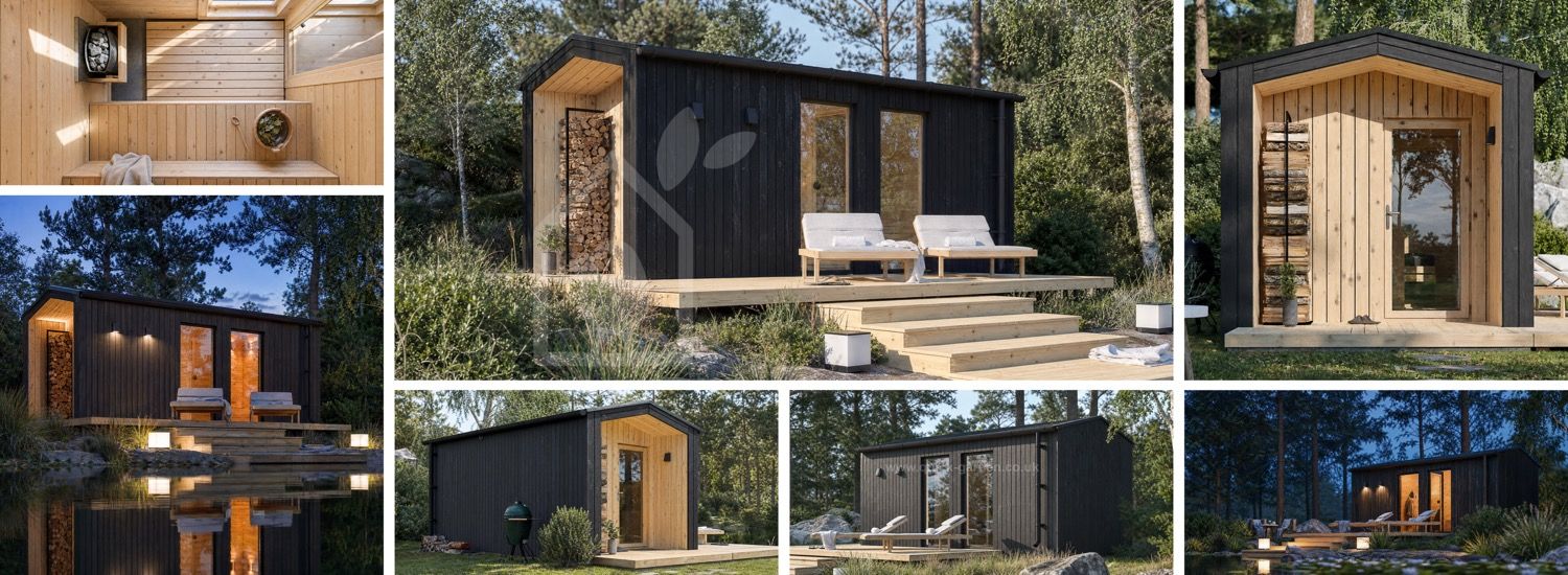 Wooden Sauna SERENE 3 with Changing Room & Porch (Charred Burnt Wood + Natural Pine) – 5.3×2.5 m (17'×8'), 10.65 m² visualization 1