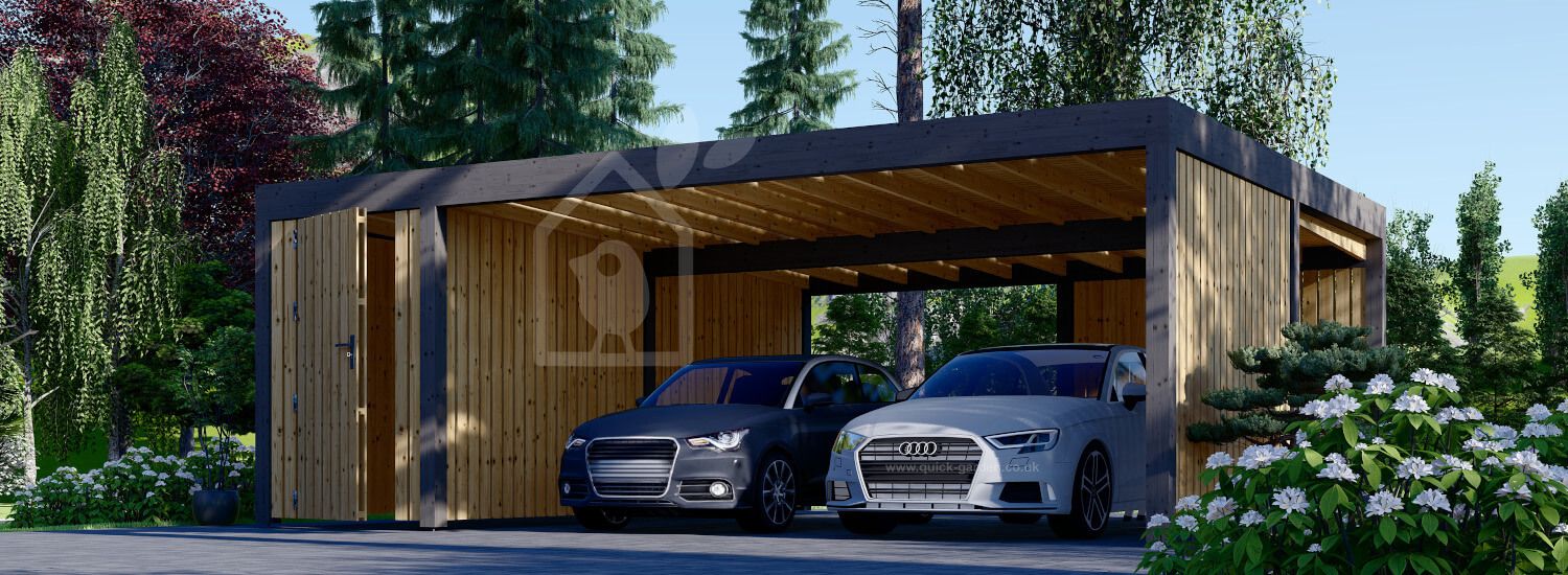 Double Wooden Carport With A Shed LUNA DUO F PLUS, 7.6x5.6 m, With A Side Wall visualization 1