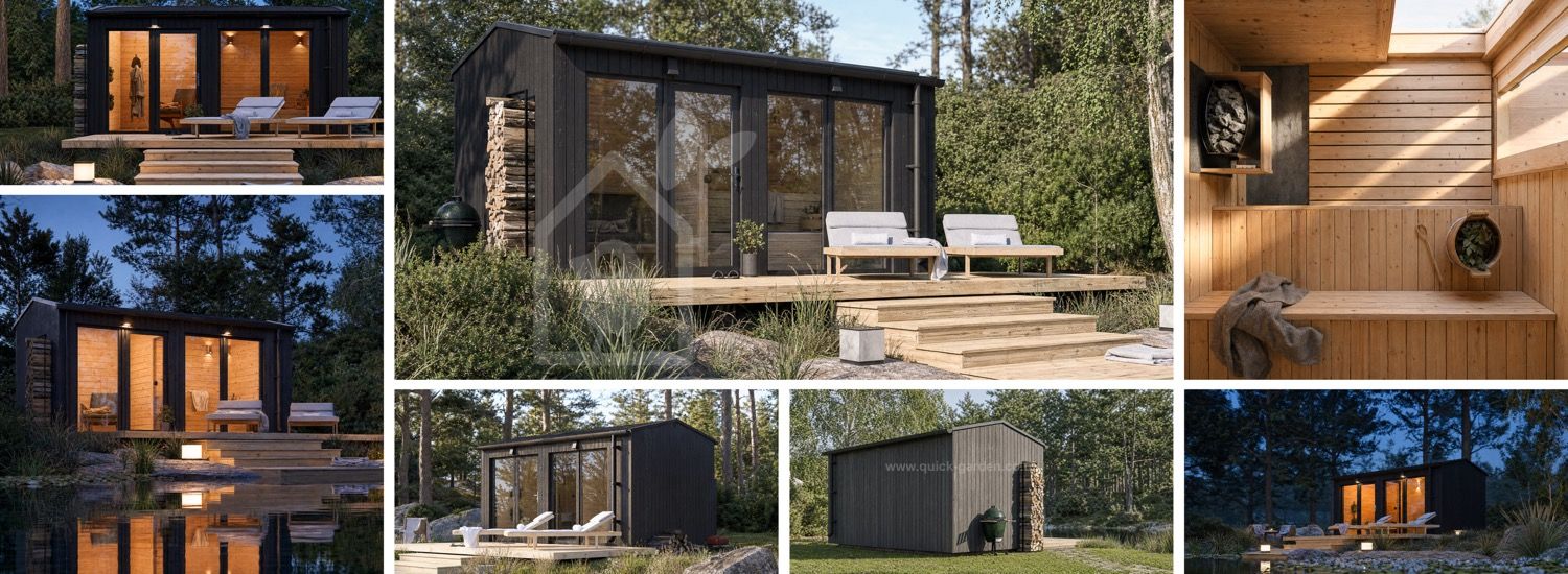 Wooden Sauna SERENE 2 with Changing Room (Charred Burnt Wood) – 4.5×2.5 m (15'×8'), 9.35 m² visualization 1