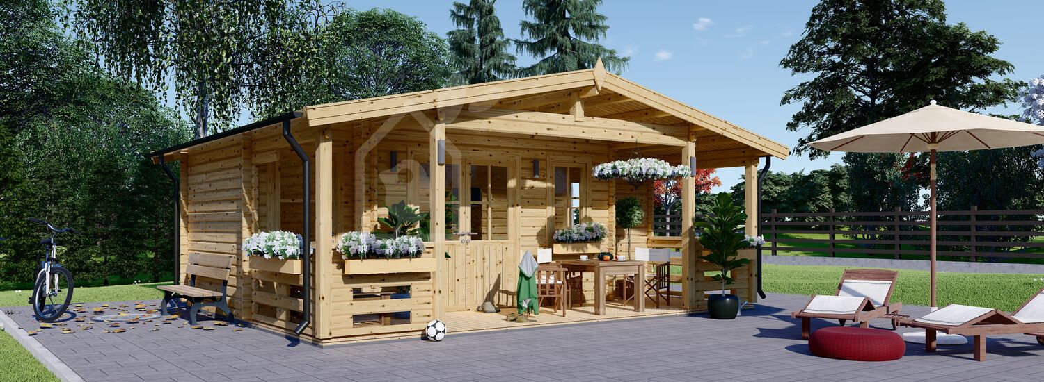 Garden Log Cabin PARIS (34 mm), 6.7x5.7 m (22'x19'), 21 m² + 11 m² Terrace visualization 1