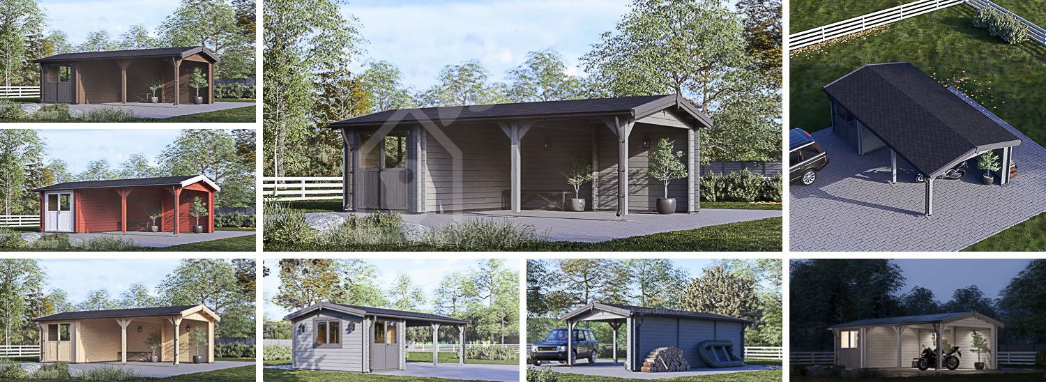 Single Wooden Carport 4x5 m (13'x16') With Shed (44 mm), 4x2.5 m (13'x8') visualization 1