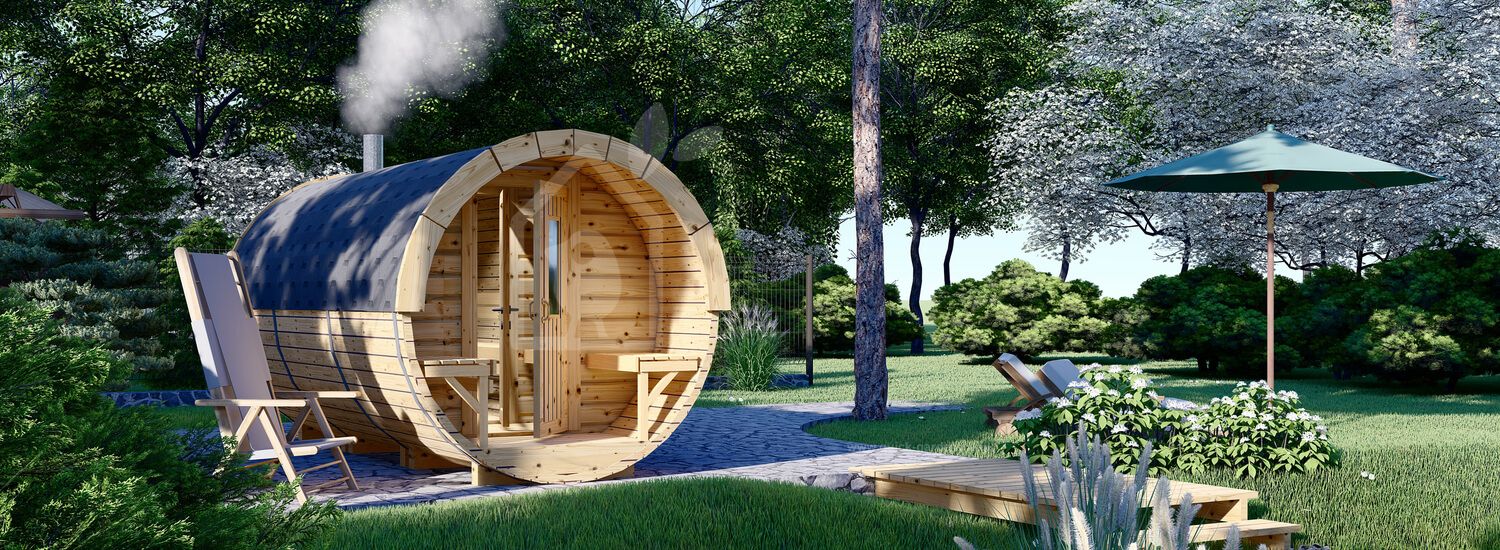 Outdoor Barrel Sauna With Changing Room HELGA 45 (46 mm), 4.5 m, ⌀ 1.97 m visualization 1