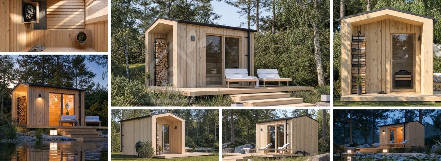 Wooden Sauna SERENE 1 with Porch (Natural Pine) – 3.3×2.5 m (11'×8'), 6.25 m² visualization 1