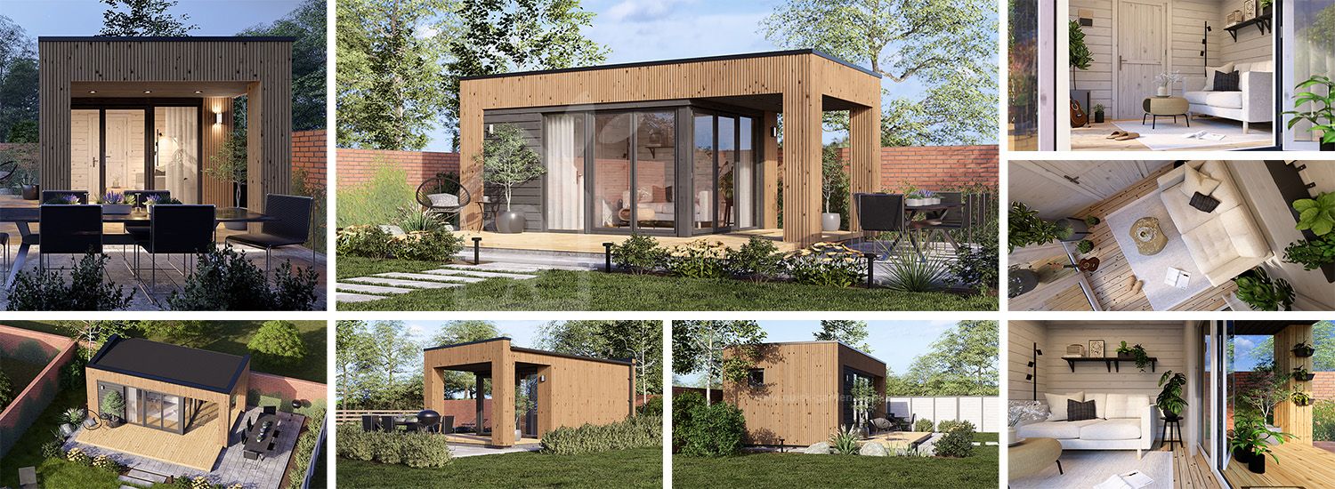 Garden room INES PLUS with terrace (Insulated, 34 + cladding), 6x3 m (20'x10'), 18 m² visualization 1